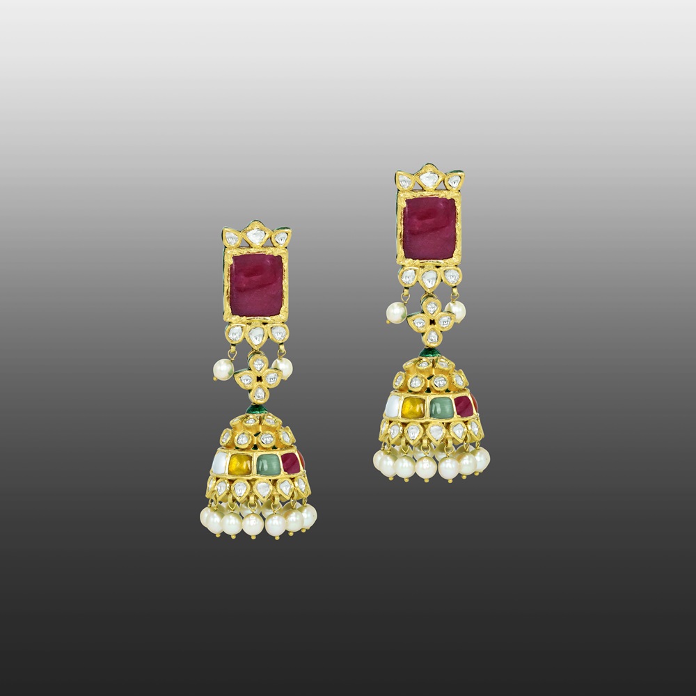 Navratan Jhumki Earrings with Polki and Pearl Drops
